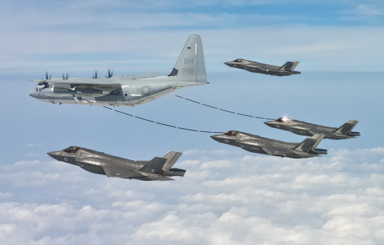 Фото обои истребитель, бомбардировщик, самолёт, дозаправка, военно-транспортный, F-35B, Super Hercules, C-130J