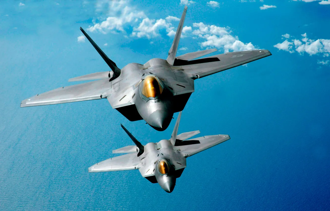 Фото обои небо, облака, истребитель, самолеты, два, F-22 raptor