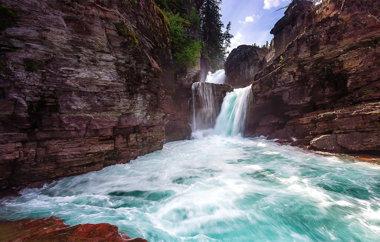 Фото обои скалы, водопад, поток, ущелье, Монтана, США, национальный парк Глейшер
