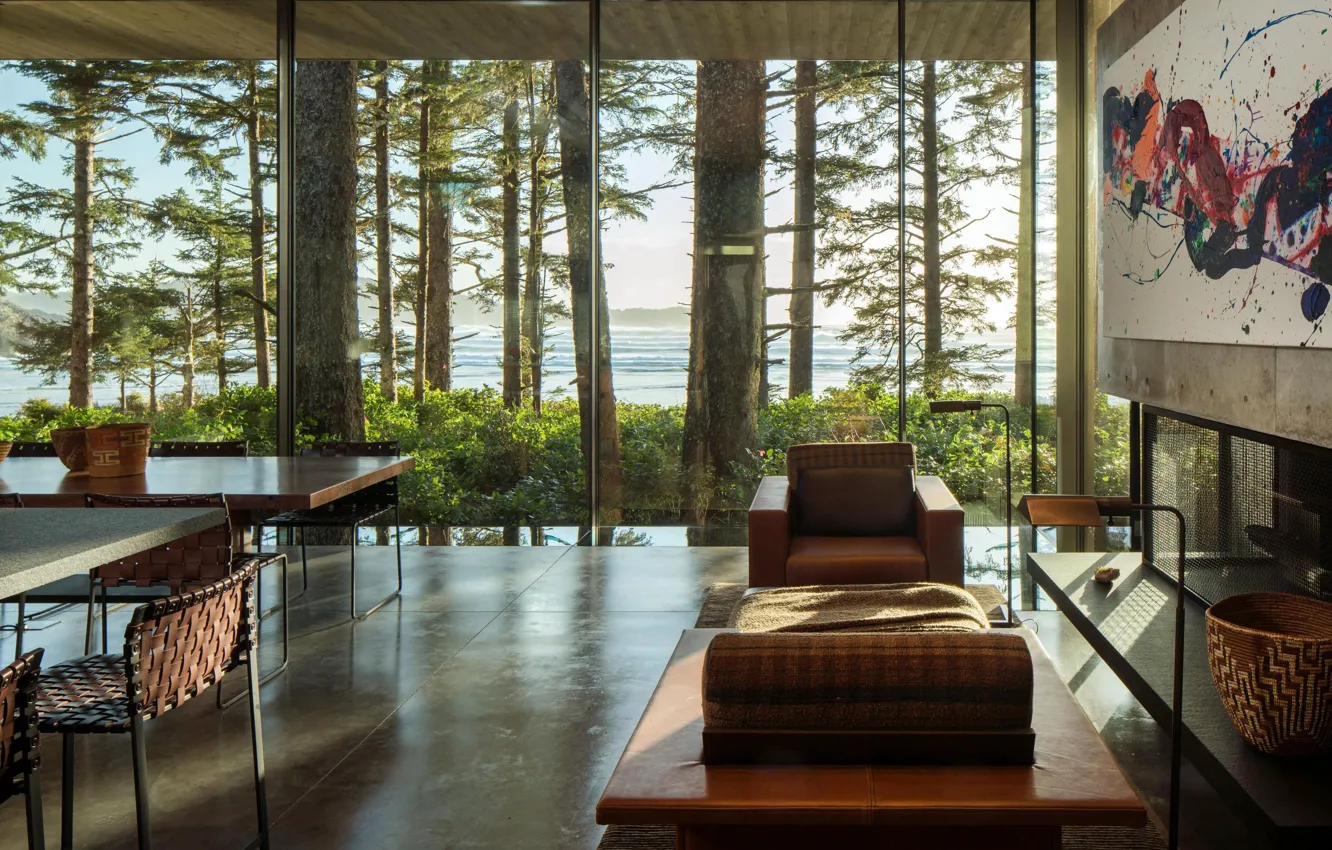 Фото обои дизайн, стиль, вилла, интерьер, камин, British Columbia, гостиная, столовая