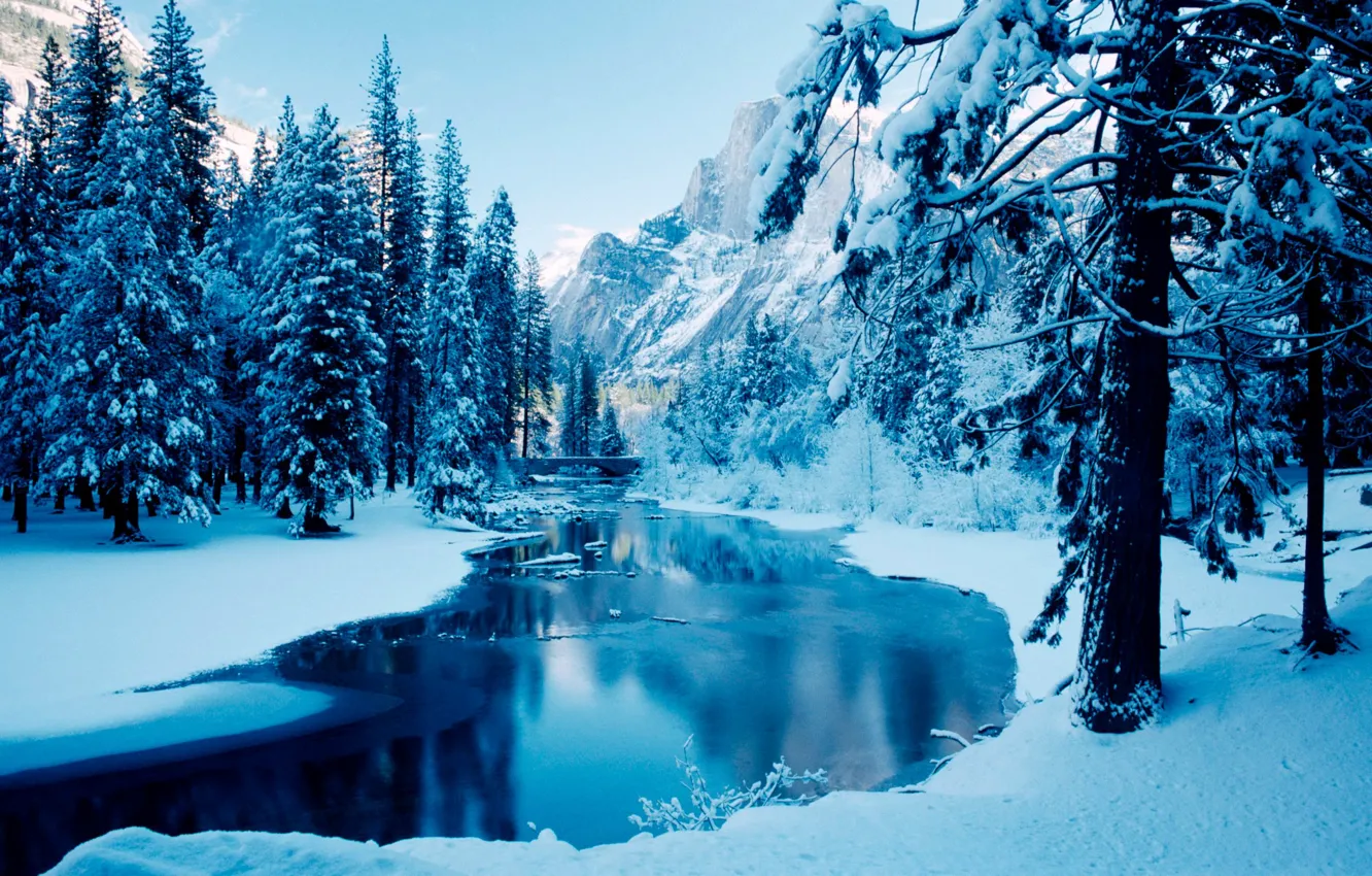 Фото обои зима, деревья, горы, река, лёд