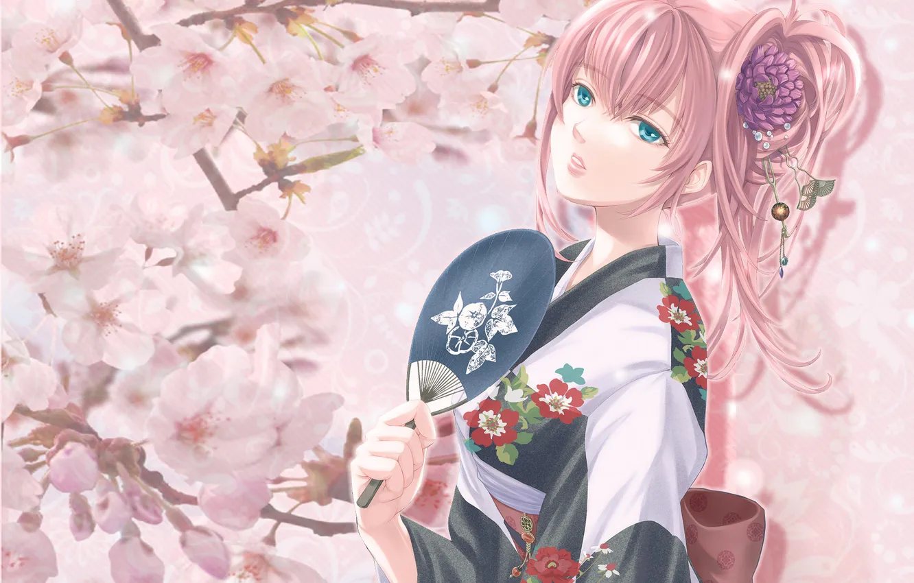 Фото обои девушка, весна, аниме, сакура, веер, кимоно
