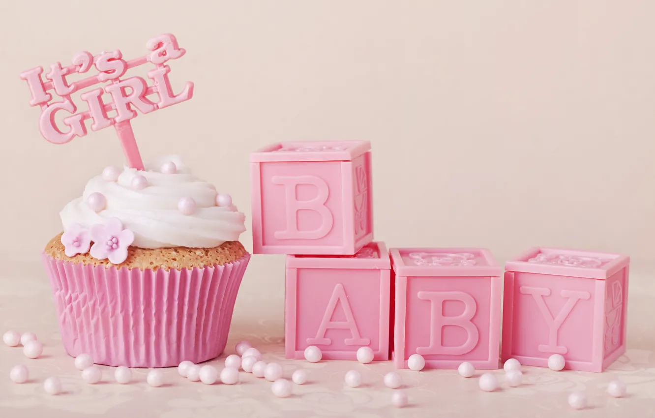 Фото обои украшения, розовый, крем, pink, sweet, cupcake, кекс, baby
