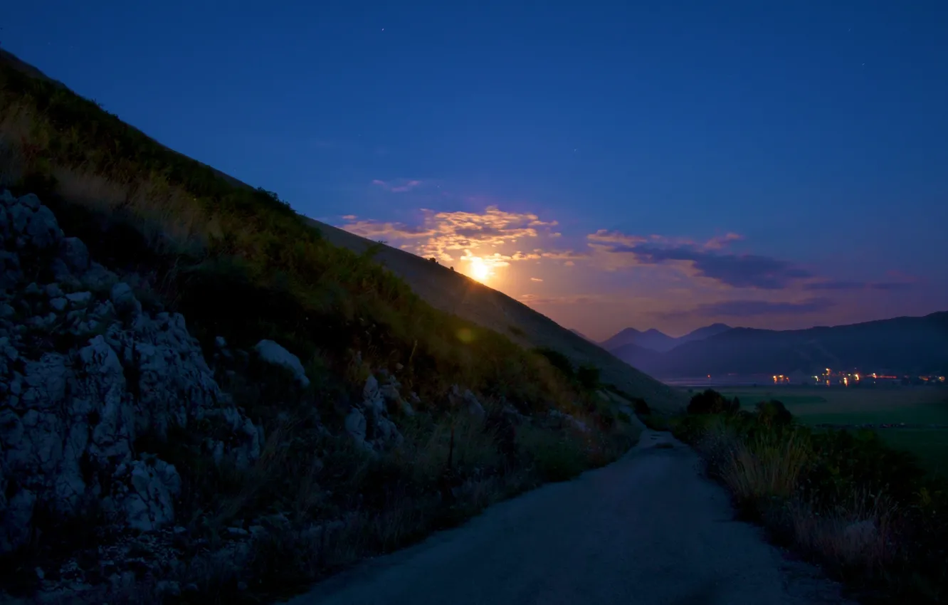 Фото обои дорога, ночь, луна, Природа, moon, road, nature, night