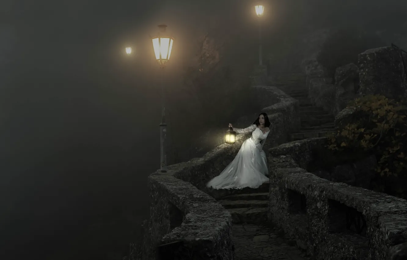 Фото обои взгляд, девушка, свет, ночь, поза, туман, рендеринг, замок
