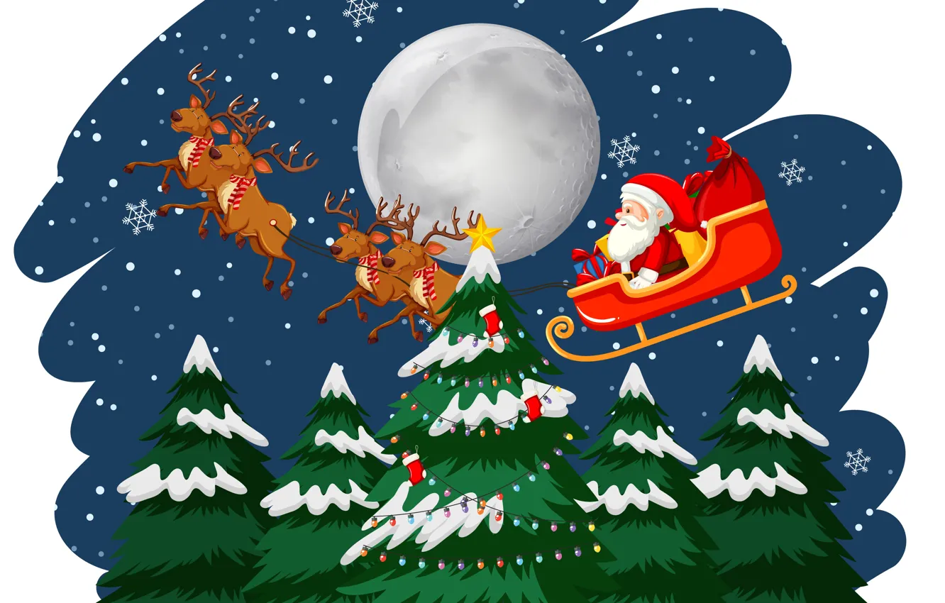Фото обои Зима, Ночь, Снег, Луна, Рождество, Новый год, Санта Клаус, Олени