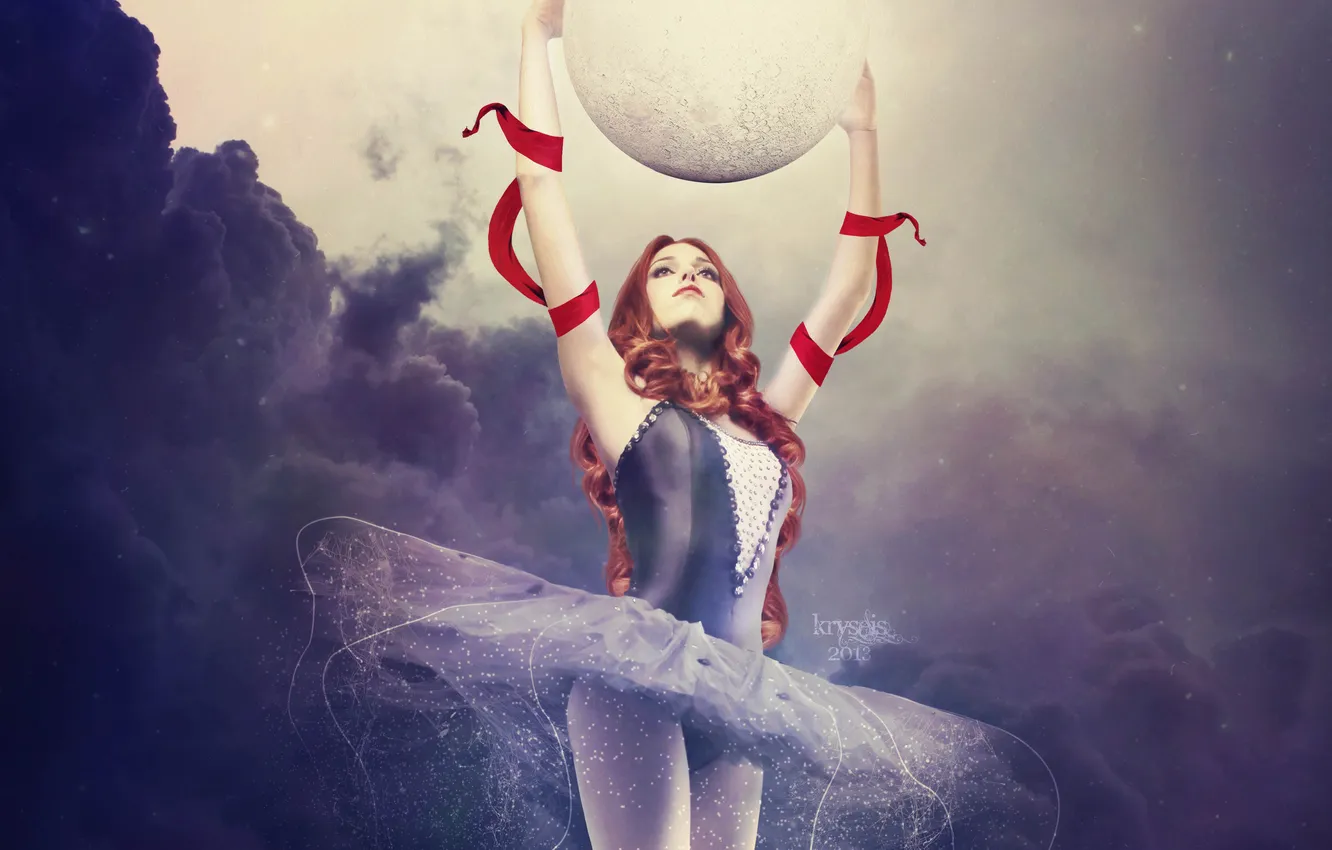 Фото обои небо, девушка, тучи, шар, арт, балерина, красные ленточки