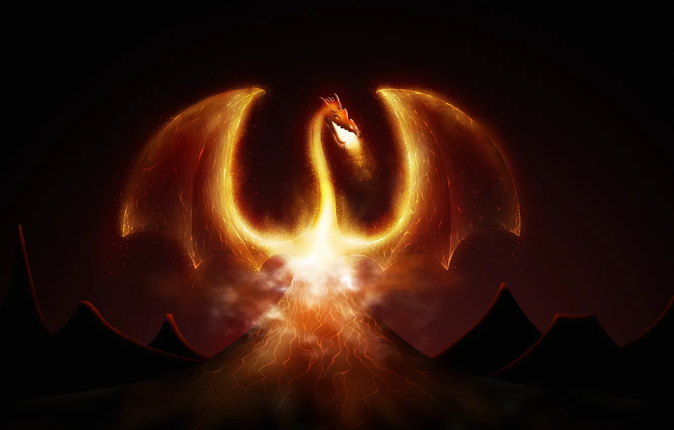 Фото обои фентези, огонь, дракон, вулкан