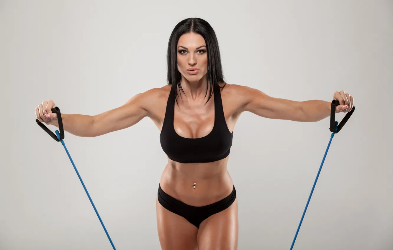 Фото обои brunette, fitness, back exercises, elastic bands