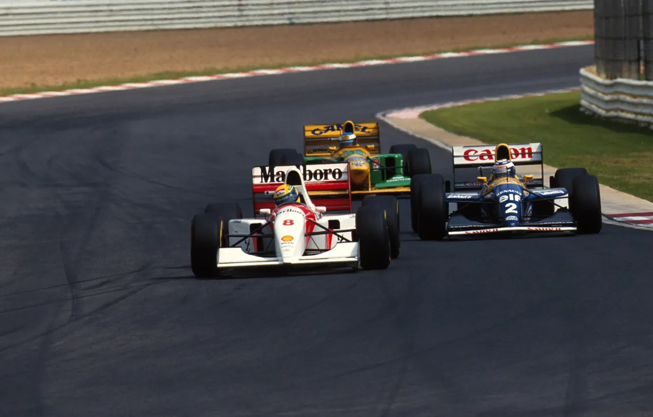 Фото обои гонка, обгон, Михаэль Шумахер, Ален Прост, Айртон Сенна, F-1, балиды, Гран-при ЮАР