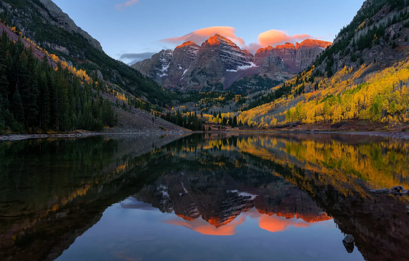 Фото обои осень, лес, горы, озеро, США