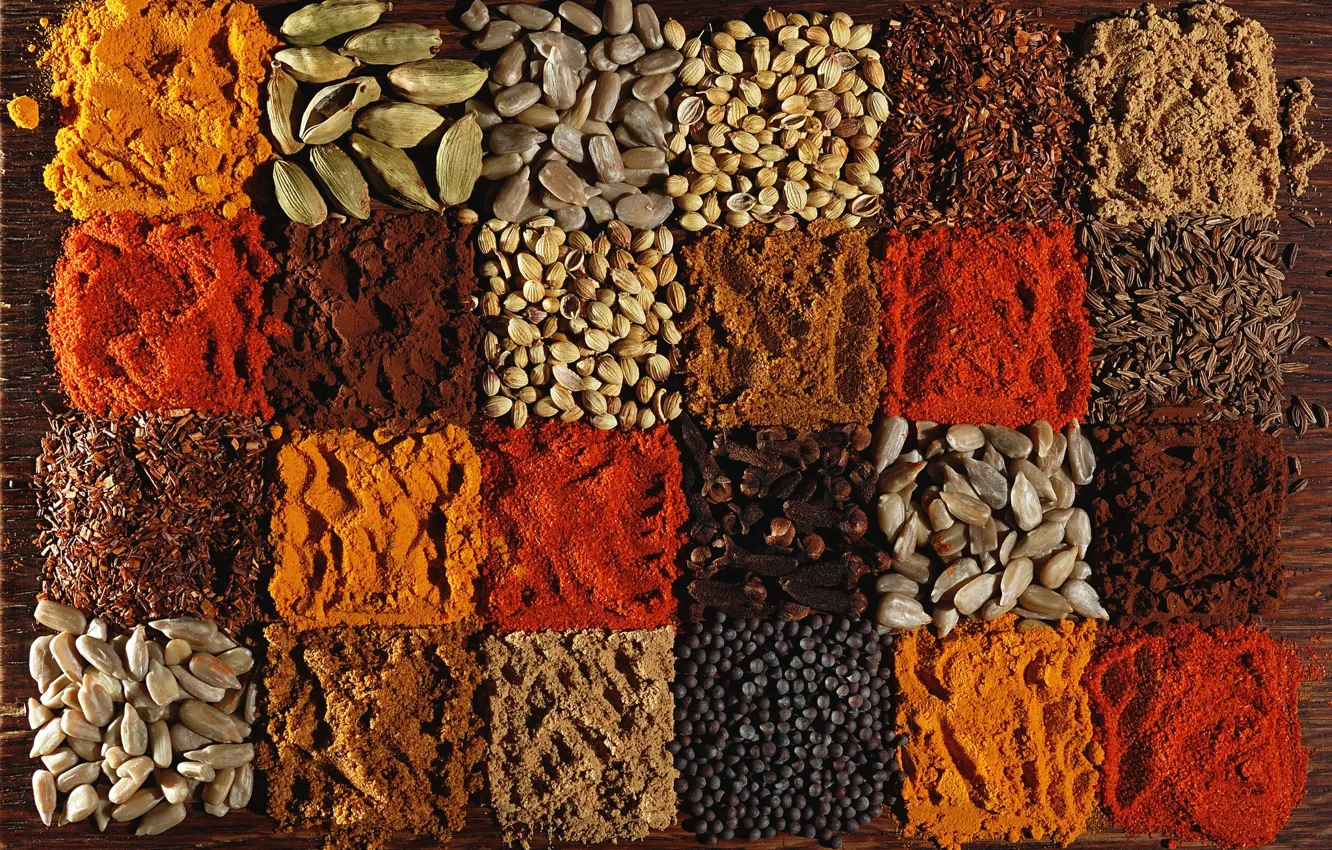 Фото обои перец, семечки, гвоздика, специи, кардамон, паприка, кориандр, тмин