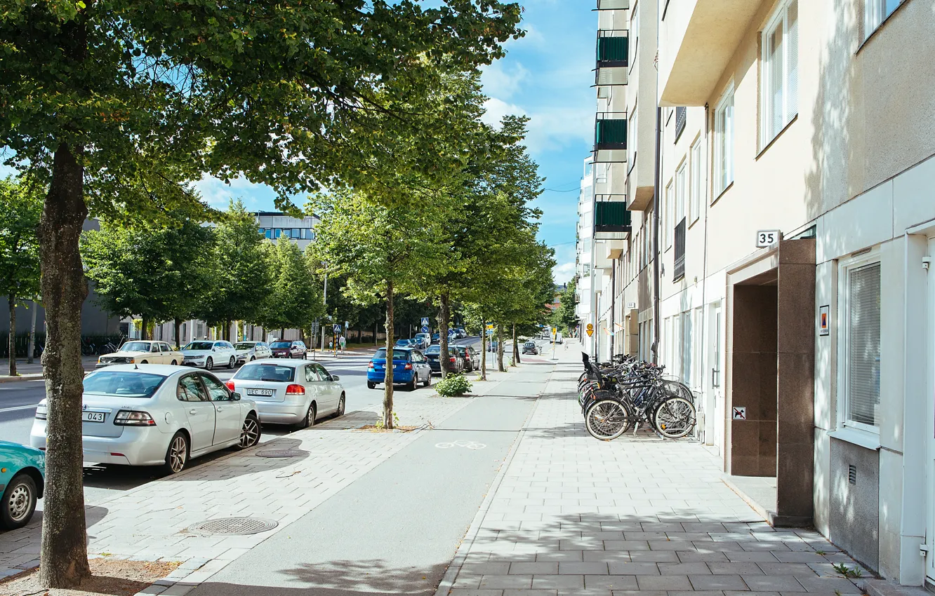 Фото обои машина, велосипед, улица, дома, дорожка, Стокгольм, тротуар