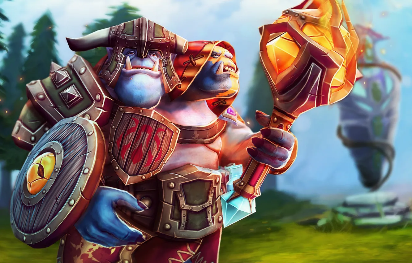 Фото обои магия, доспехи, щит, dota, огр, булава, колдун, дота