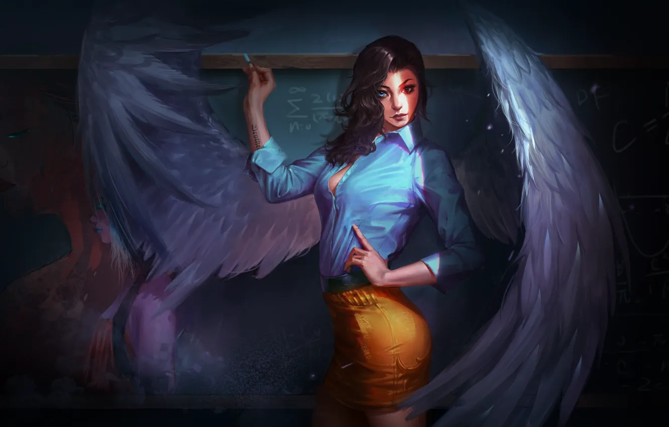 Фото обои взгляд, девушка, крылья, ангел, фэнтези, арт, доска, училка