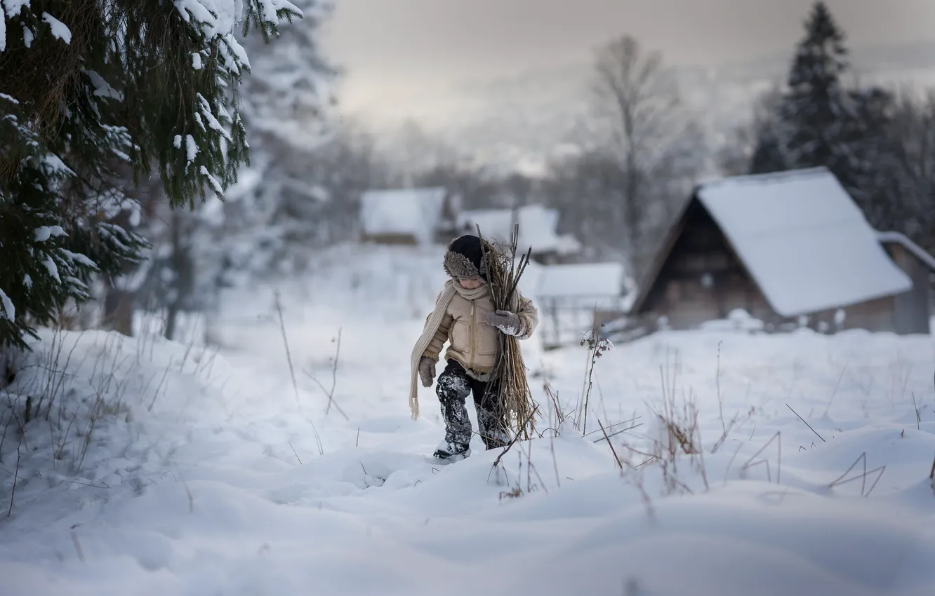 Фото обои зима, снег, мальчик