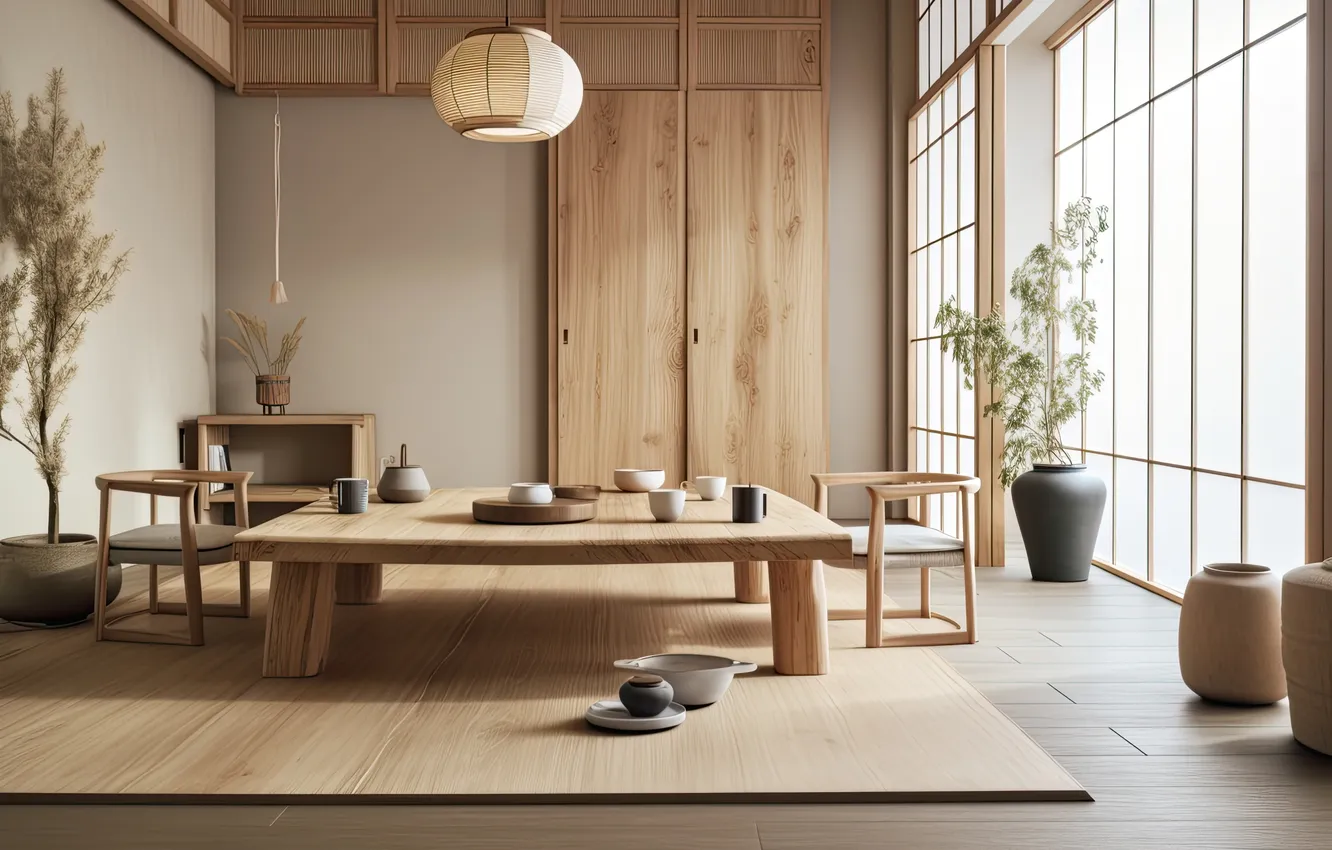 Фото обои дизайн, интерьер, гостиная, table, chairs, tatami mats, чайная комната, стиль Ваби-Саби