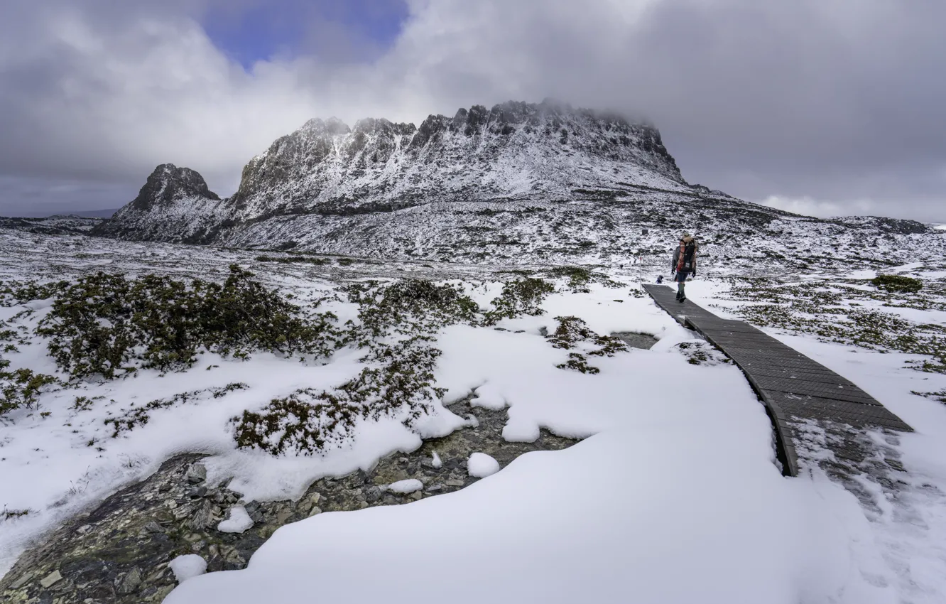 Фото обои Зима, Горы, Снег, Люди, Тучи, Winter, Tasmania, Тасмания