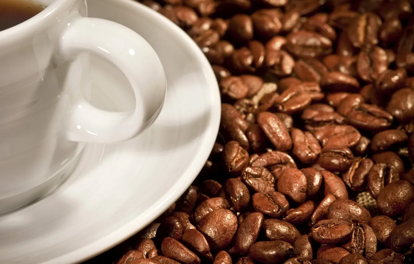 Фото обои кофе, чашка, блюдце, cup, зёрна, Coffee, кофейные, coffee beans