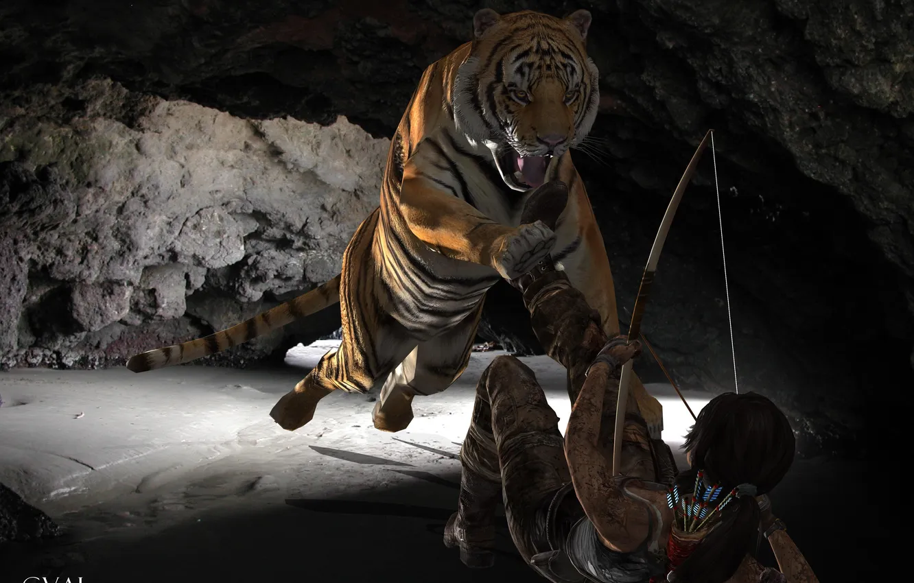Фото обои девушка, тигр, оружие, животное, хищник, лук, нападение, Tomb Raider