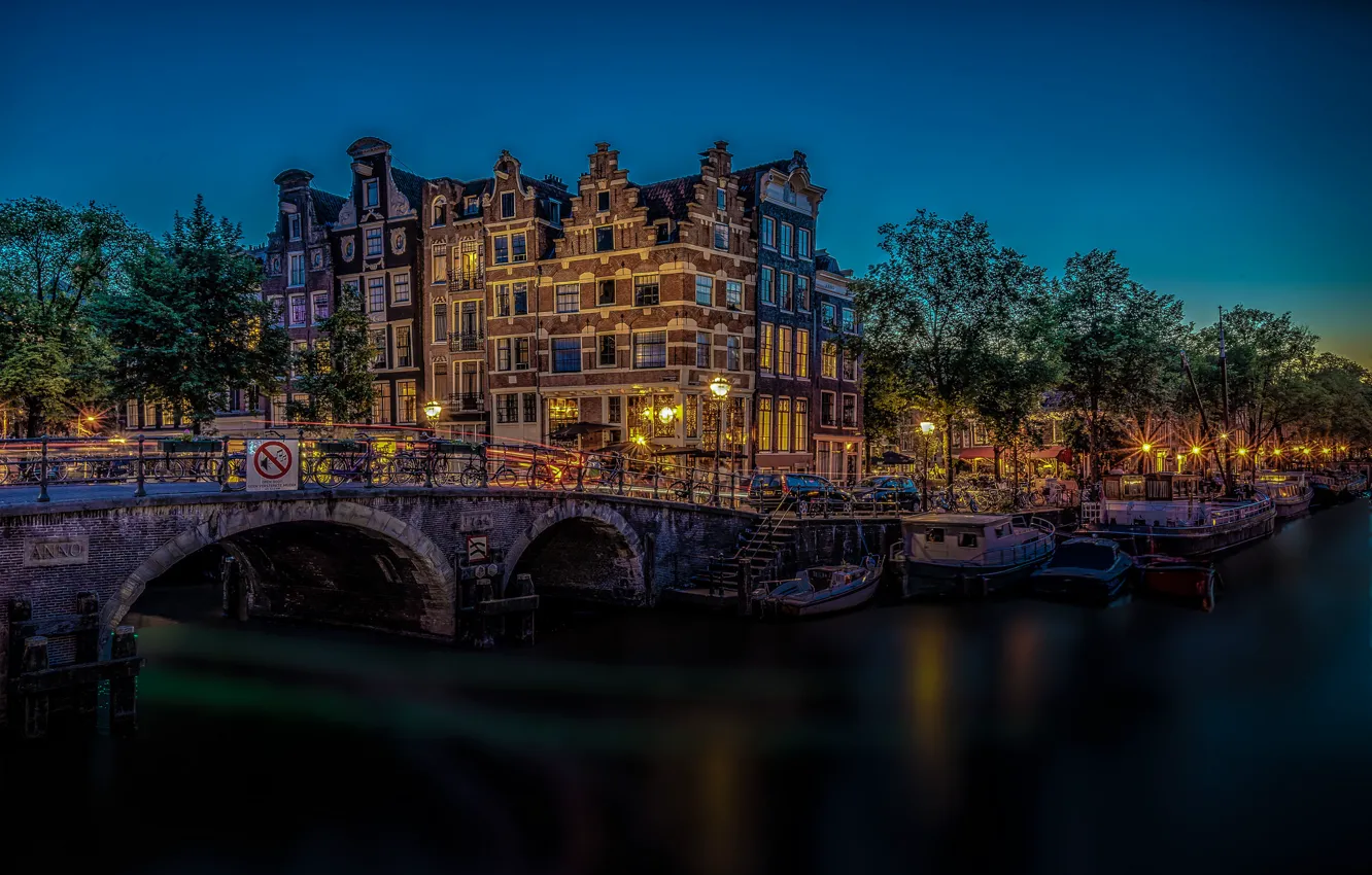 Фото обои мост, здания, Амстердам, канал, Нидерланды, ночной город, Amsterdam, Netherlands