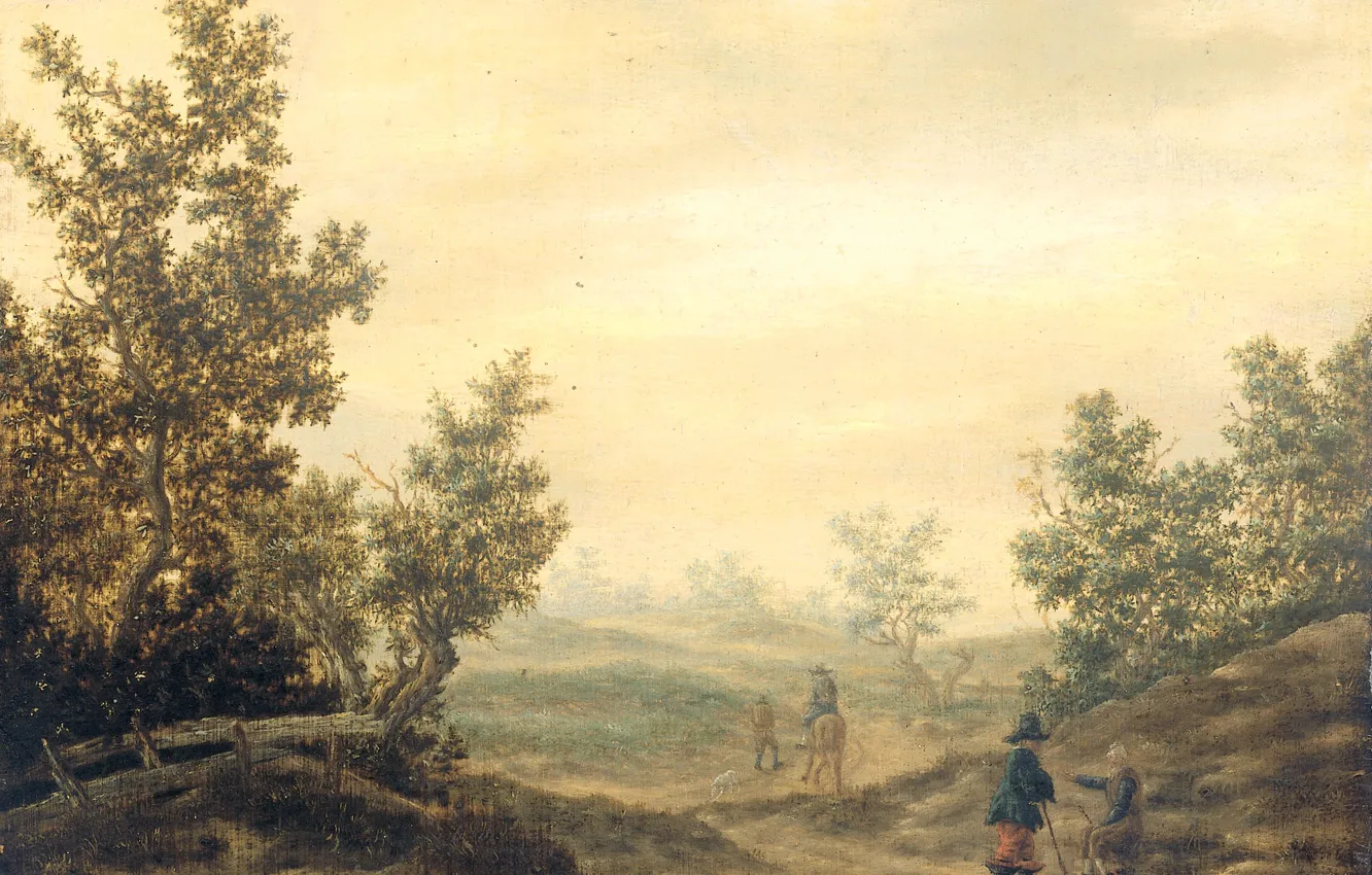 Фото обои пейзаж, масло, картина, Claes van Beresteyn, 1684, Дорога в дюнах, Клаес ван Берестейн