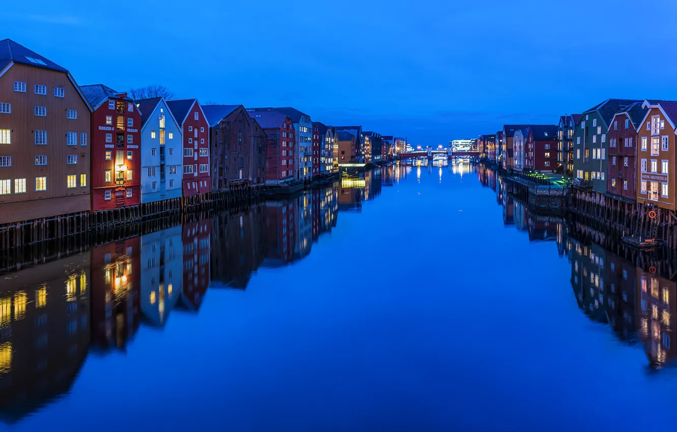Фото обои вода, огни, отражение, дома, вечер, Норвегия, канал, Trondheim