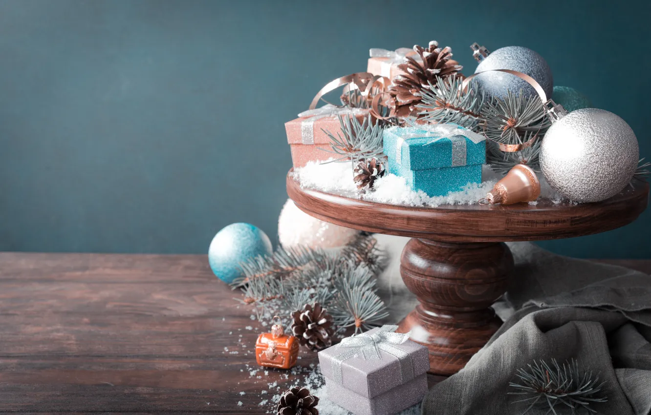Фото обои праздник, игрушки, Рождество, подарки, Новый год, шишки, Iryna Melnyk