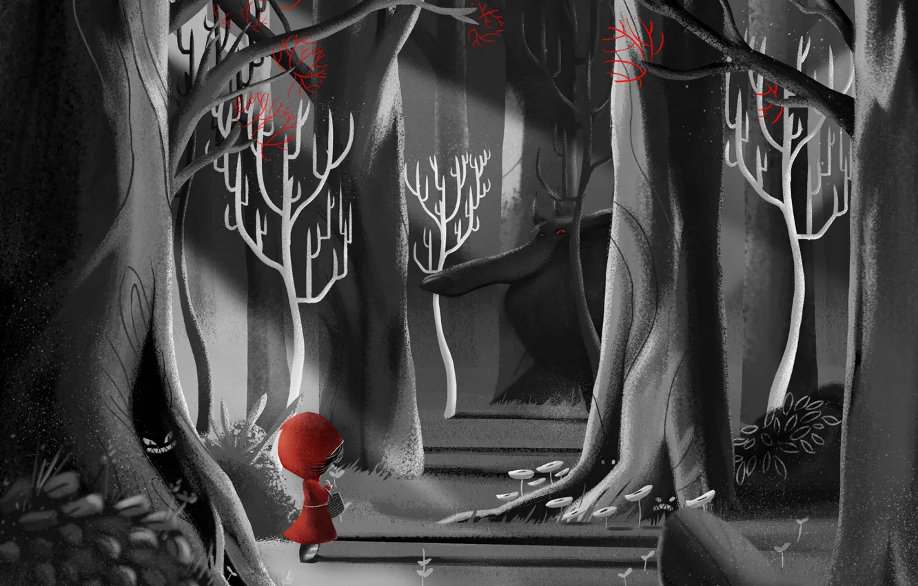Фото обои лес, волк, сказка, Красная шапочка