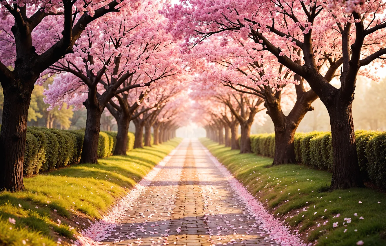 Фото обои деревья, парк, весна, сакура, аллея, цветение, trees, pink