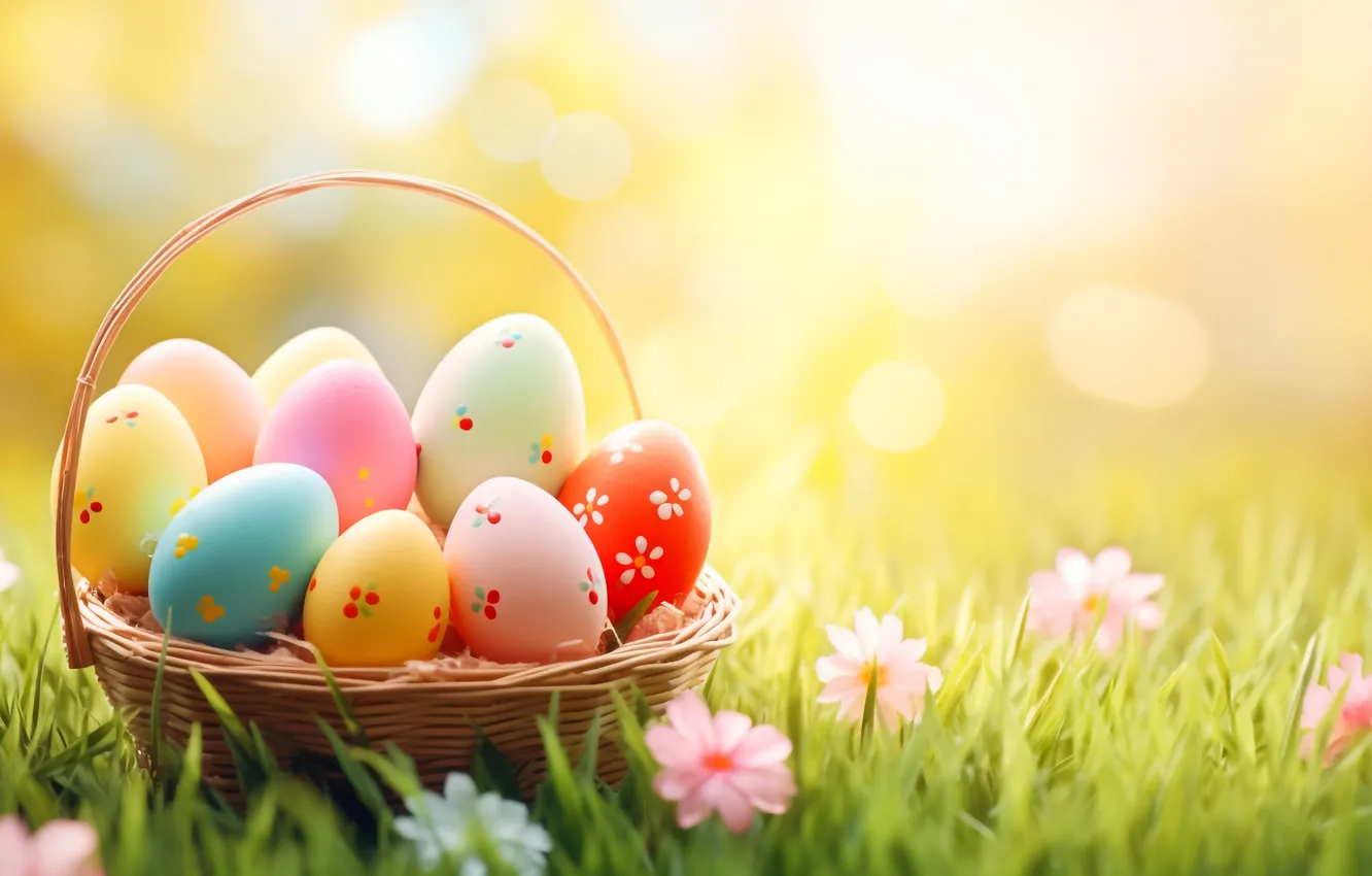 Фото обои цветы, корзина, поляна, яйца, весна, colorful, Пасха, happy