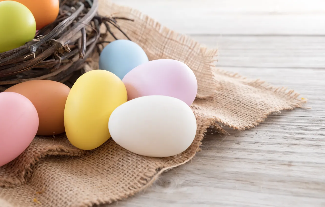 Фото обои корзина, яйца, весна, colorful, Пасха, wood, spring, Easter