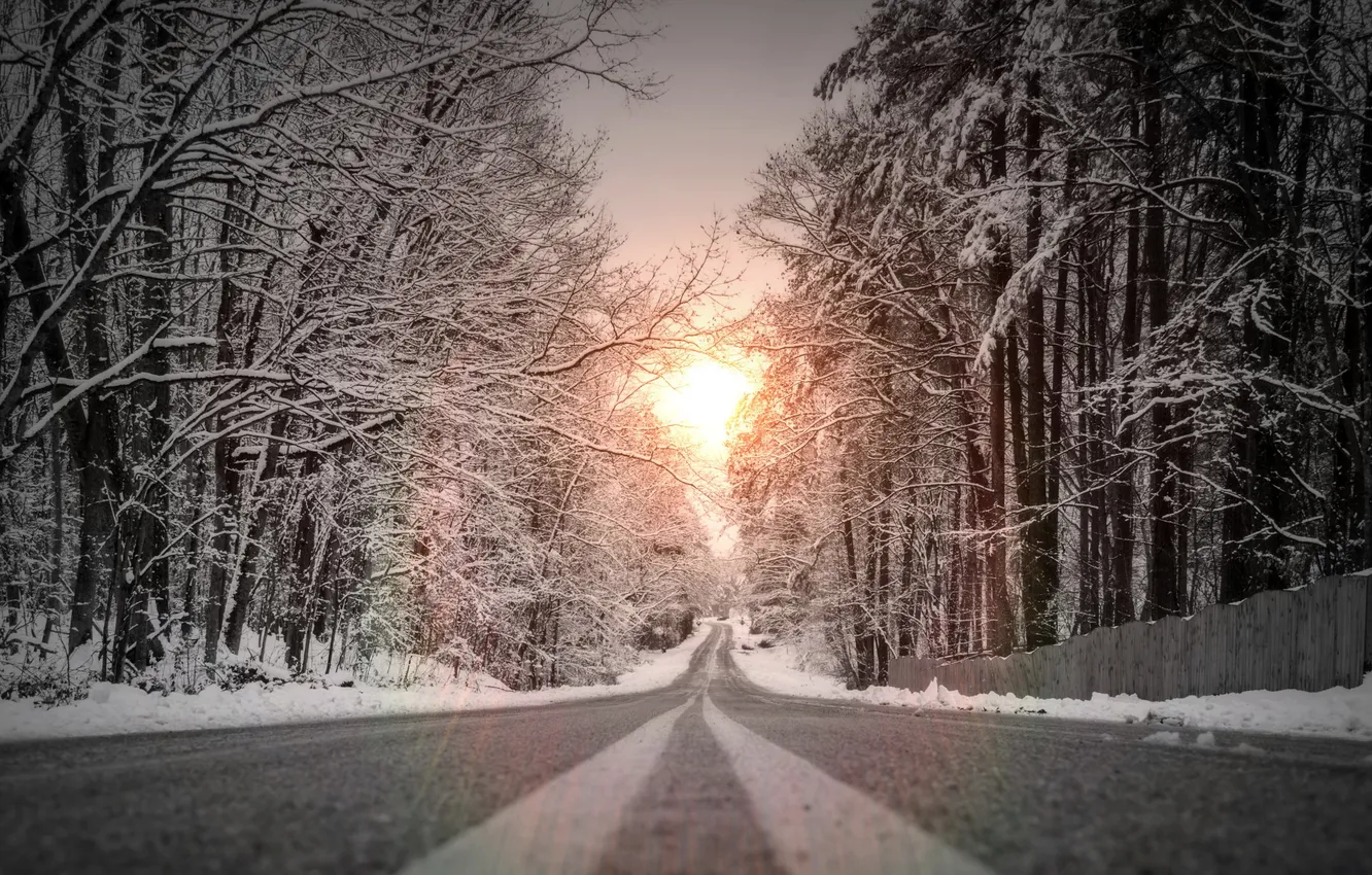 Фото обои дорога, снег, утро
