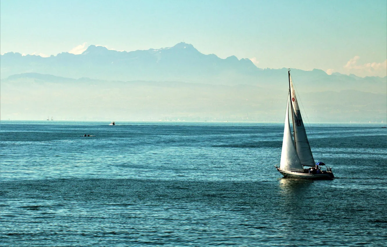 Фото обои горы, лодка, яхта, паруса, Боденское озеро, Bodensee