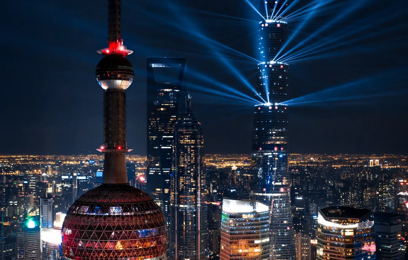 Фото обои city, lights, China, Shanghai, night, buildings, architecture, skyscrapers