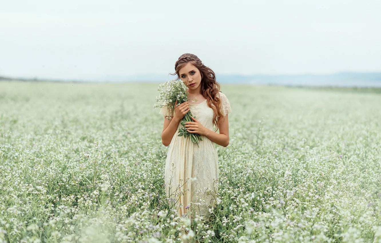 Фото обои поле, лето, взгляд, девушка, цветы, Лепешкина Юлия, Соня Яцечко