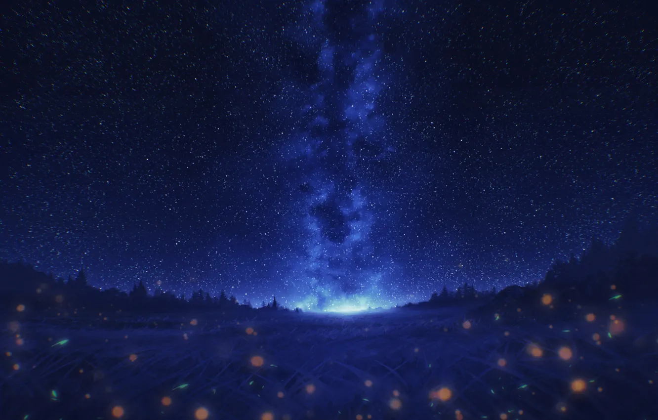 Фото обои небо, деревья, ночь, природа, светлячки, млечный путь