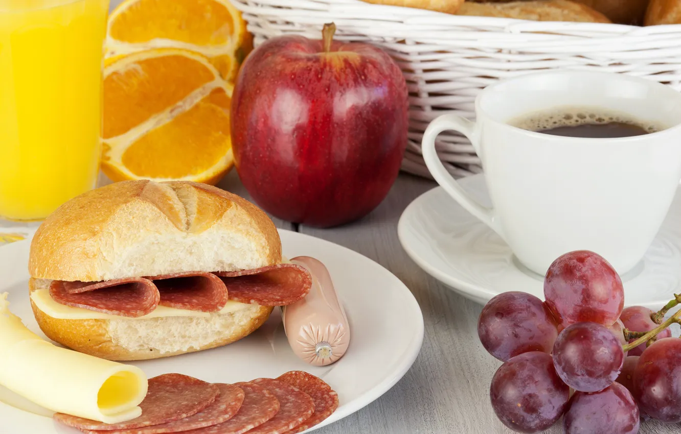 Фото обои кофе, яблоко, апельсин, сыр, виноград, чашка, фрукты, бутерброд
