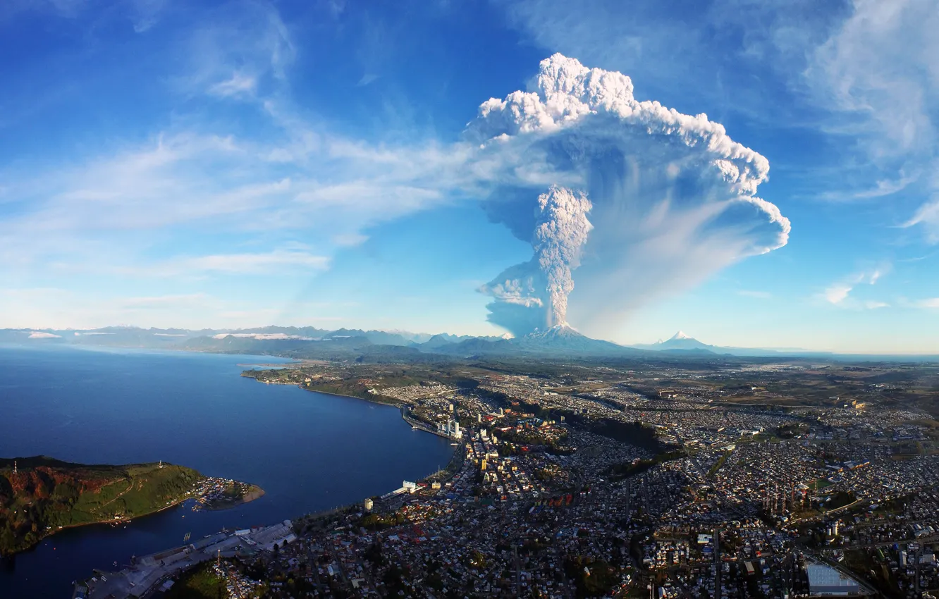 Фото обои город, вулкан, извержение, панорама, Chile, Calbuco Volcan, Puerto Montt