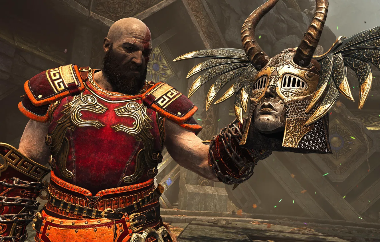 Фото обои Kratos, God of War, Helmet, God of War 4, Santa Monica Studio, Valkyrie Gunnr, Ares …