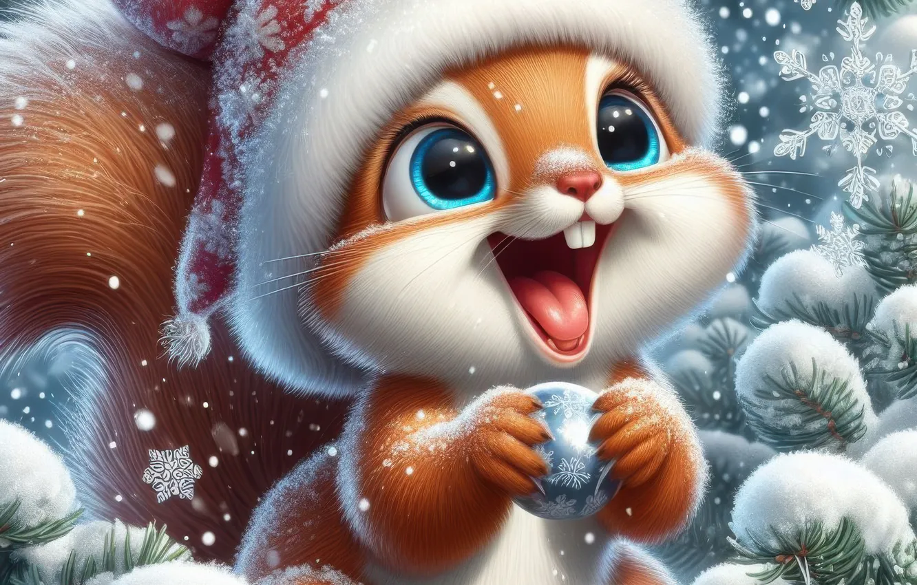 Фото обои зима, снег, ветки, шапка, новый год, белка, Рождество, сугробы