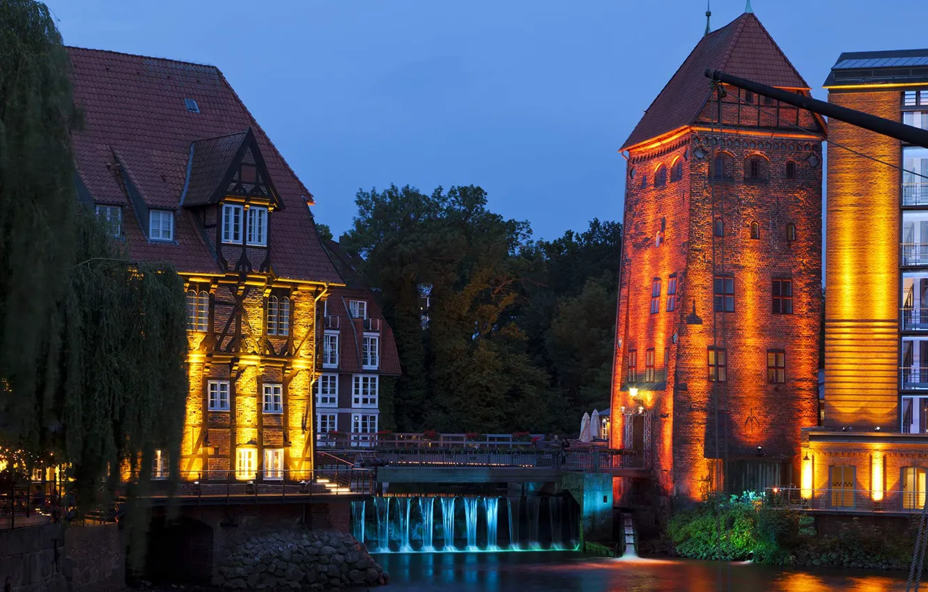 Фото обои огни, башня, Германия, Нижняя Саксония, Люнебург