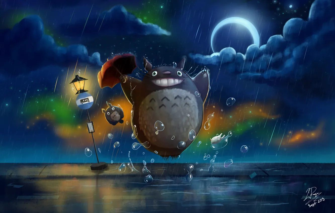 Фото обои ночь, дождь, зонт, дорожный знак, Totoro, My Neighbor Totoro, полумесяц