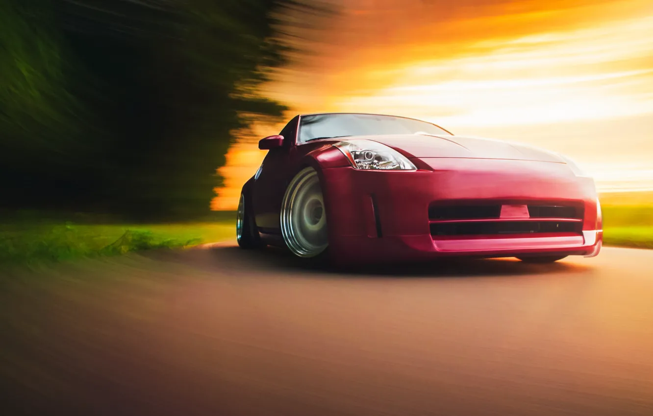 Фото обои красный, перед, red, Nissan, ниссан, 350Z, stance, в движение