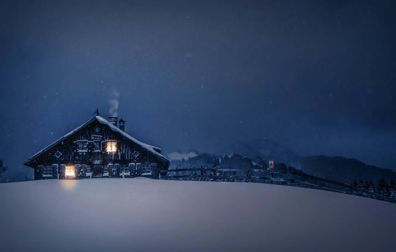 Фото обои зима, ночь, дом