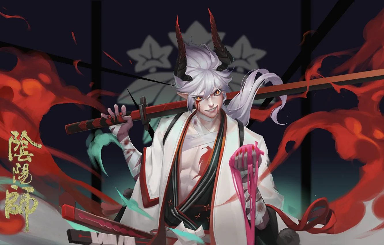 Фото обои демон, рога, мечь, парень, Onmyouji, Onmyouji (NetEase), Onikiri