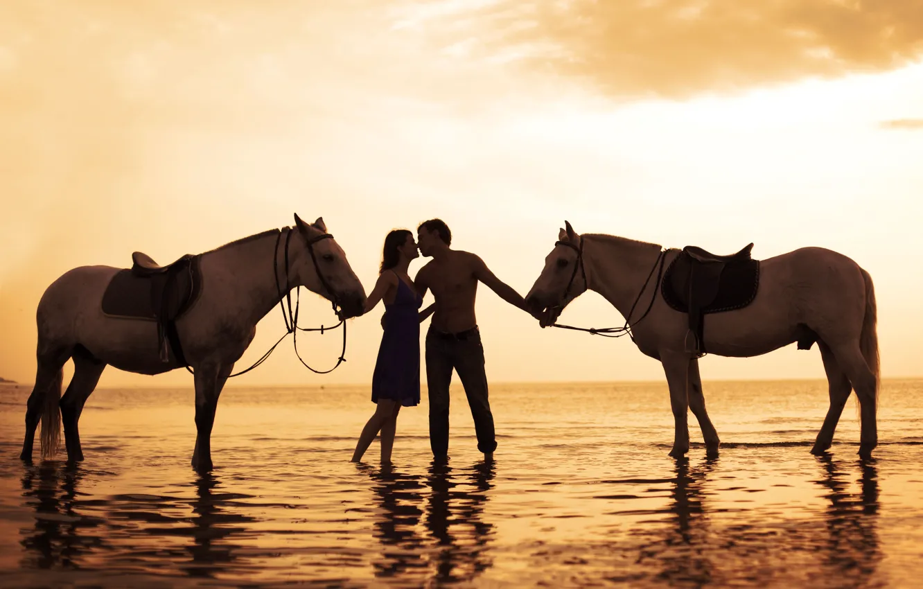 Фото обои море, девушка, закат, фото, лошади, пара, love, парень