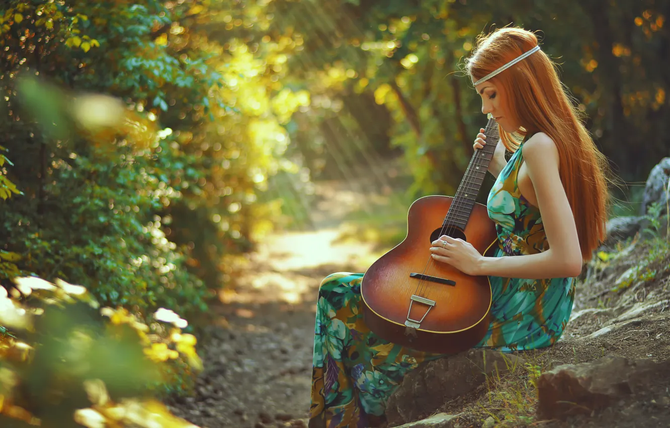 Фото обои девушка, гитара, рыжеволосая, Spring song