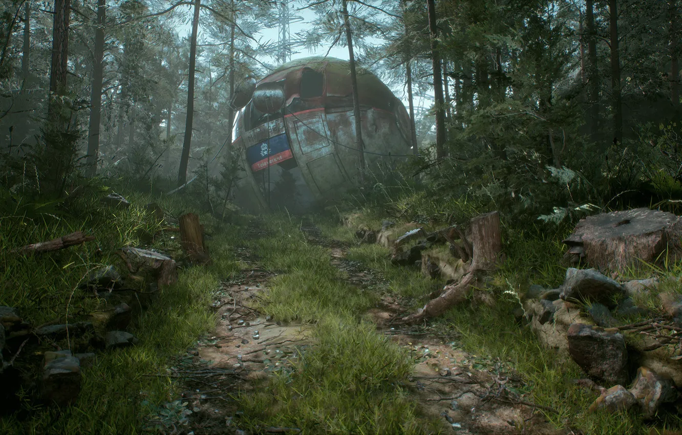 Фото обои лес, шары, пни, Swedish Mechs - A Simon Stålenhag Tribute, fall daylight sphere
