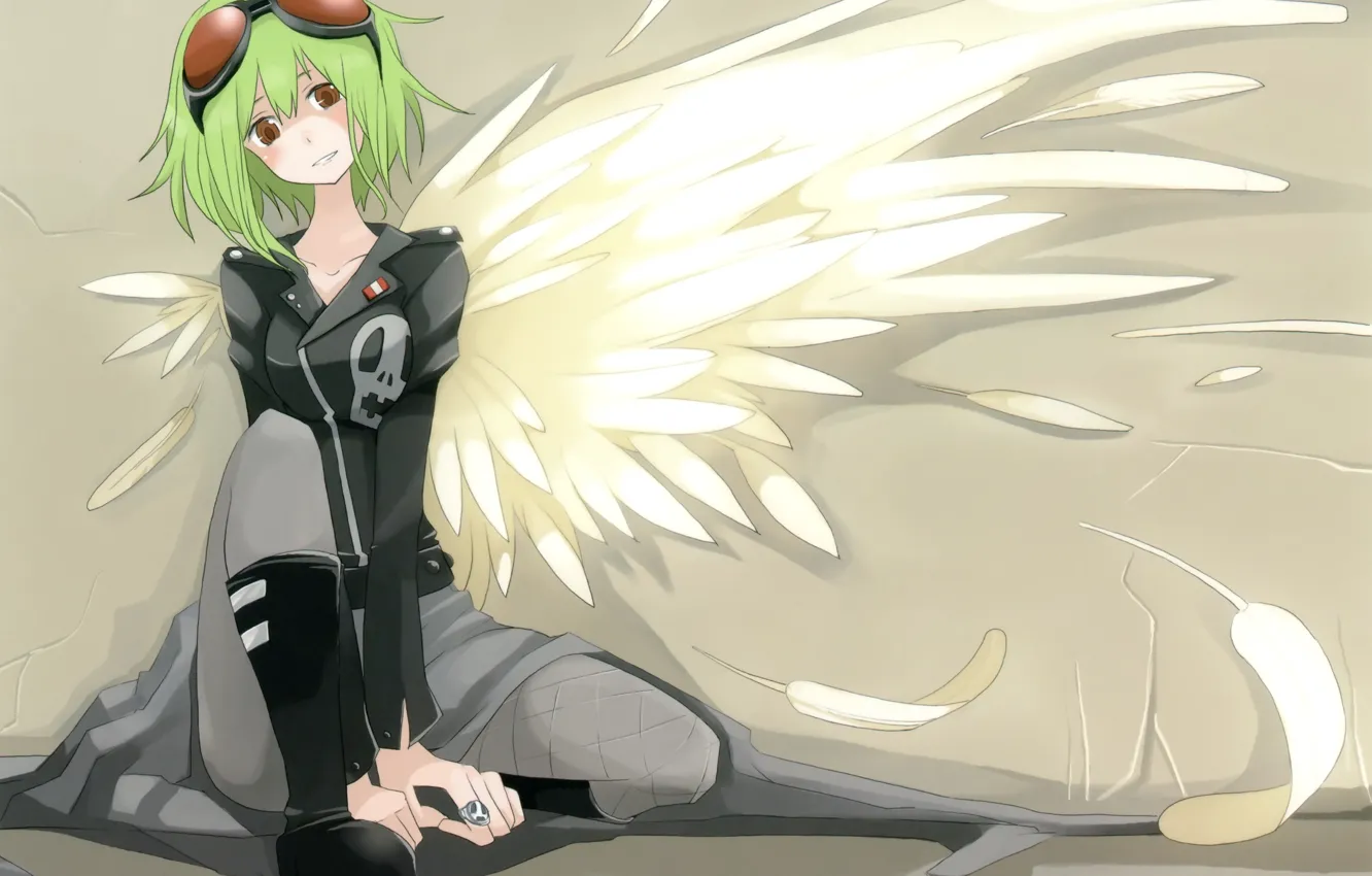 Фото обои крылья, перья, очки, куртка, vocaloid, зеленые волосы, art, gumi megpoid